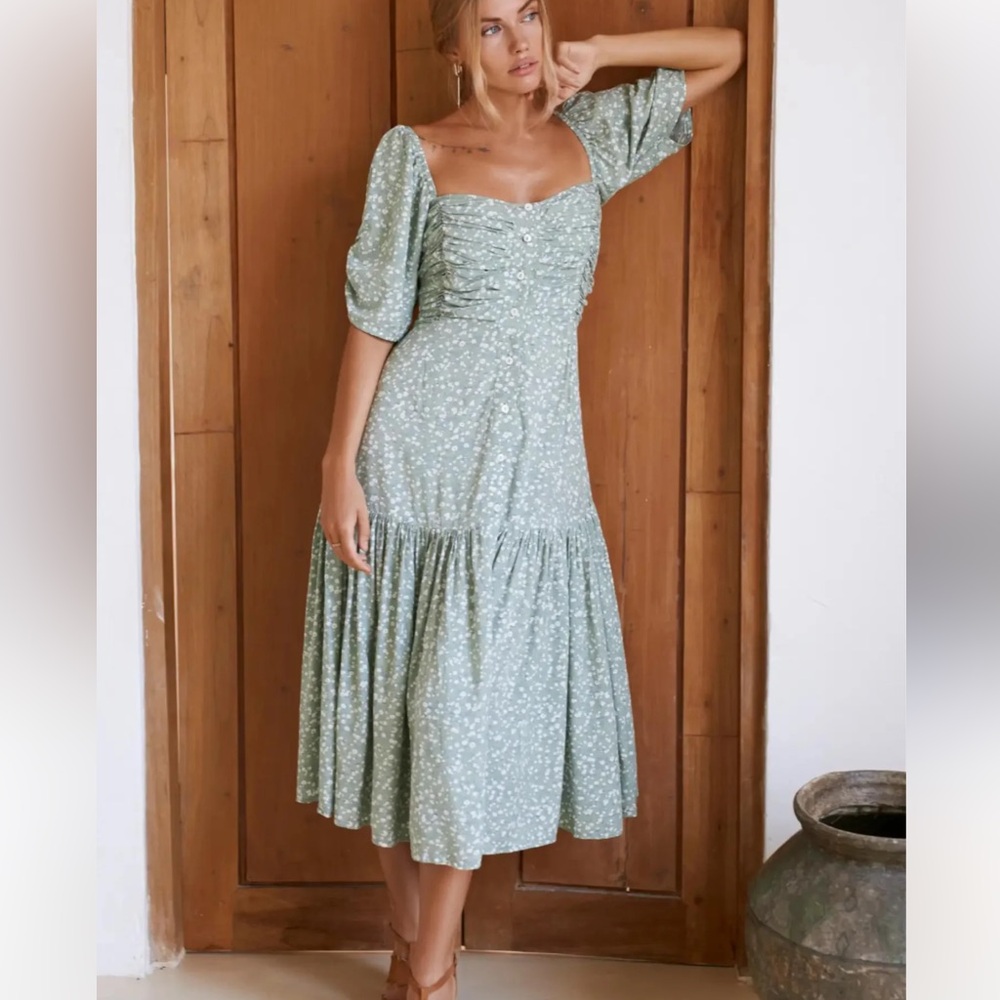 ELF - Lilit Floral Puff Sleeve Midi Dress - Jade - L